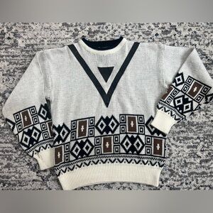 Vintage Geometric Pattern Acrylic Jon 1E Sweater with Genuine Leather details